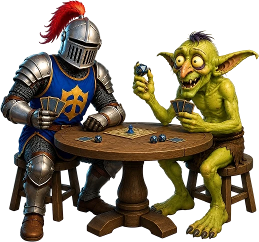 The UORealms knight and goblin playing a card and dice game together